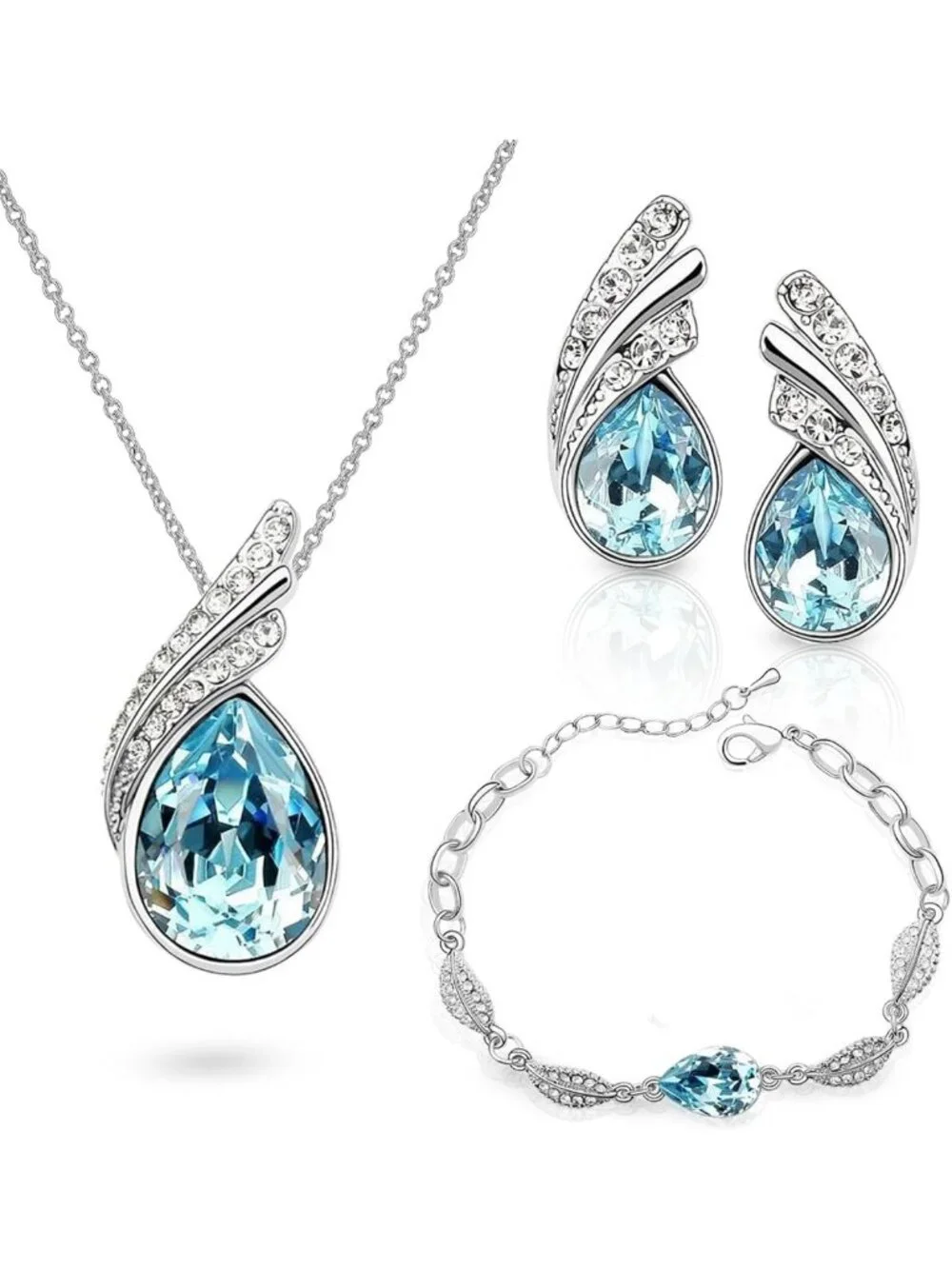 Elegant Blue Simulated Aquamarine Teardrop Crystal Jewelry Set - Necklace